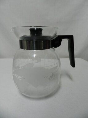 NESCAFE Vintage Frosted Etched Glass World Globe Coffee Pot Black Plastic w/Lid